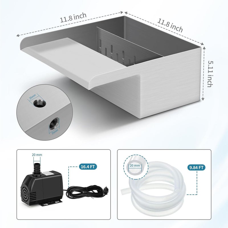Anyprime Pond Waterfall Spillway with Filter and Pump Kit - 304 Stainless Steel Ponds Waterfall Box,800 GPH Pump,9.8FT Oxford Hose,Garden Water Features - Image 5